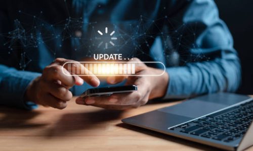 Update software system in computer. Man using smartphone upgrade program, Business technology internet loading virtual bar with installing the update for the quality better.
